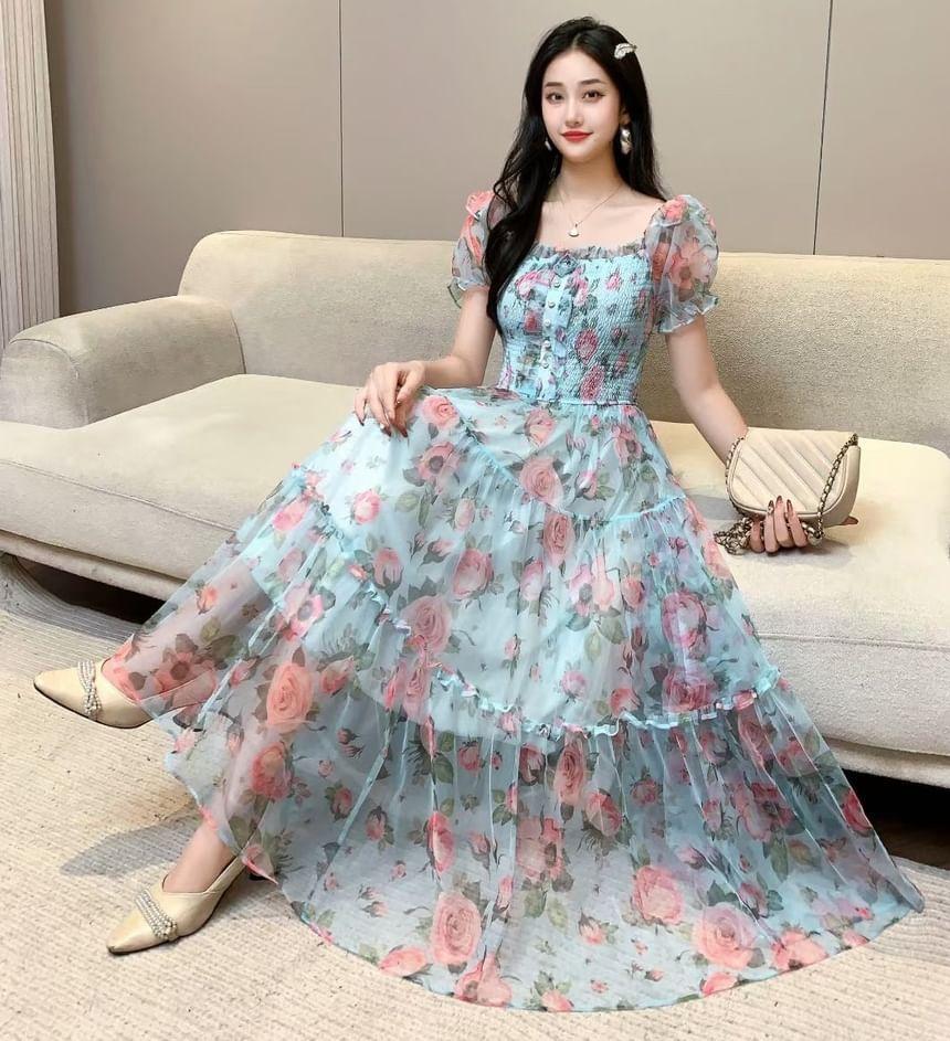 Puff-Sleeve Floral Ruffle Midi A-Line Dress Product Image