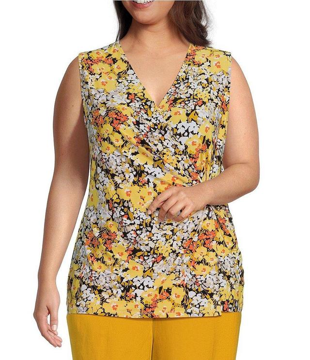 Kasper Plus Size Floral Print V-Neck Sleeveless Front Buckle Wrap Tank Product Image