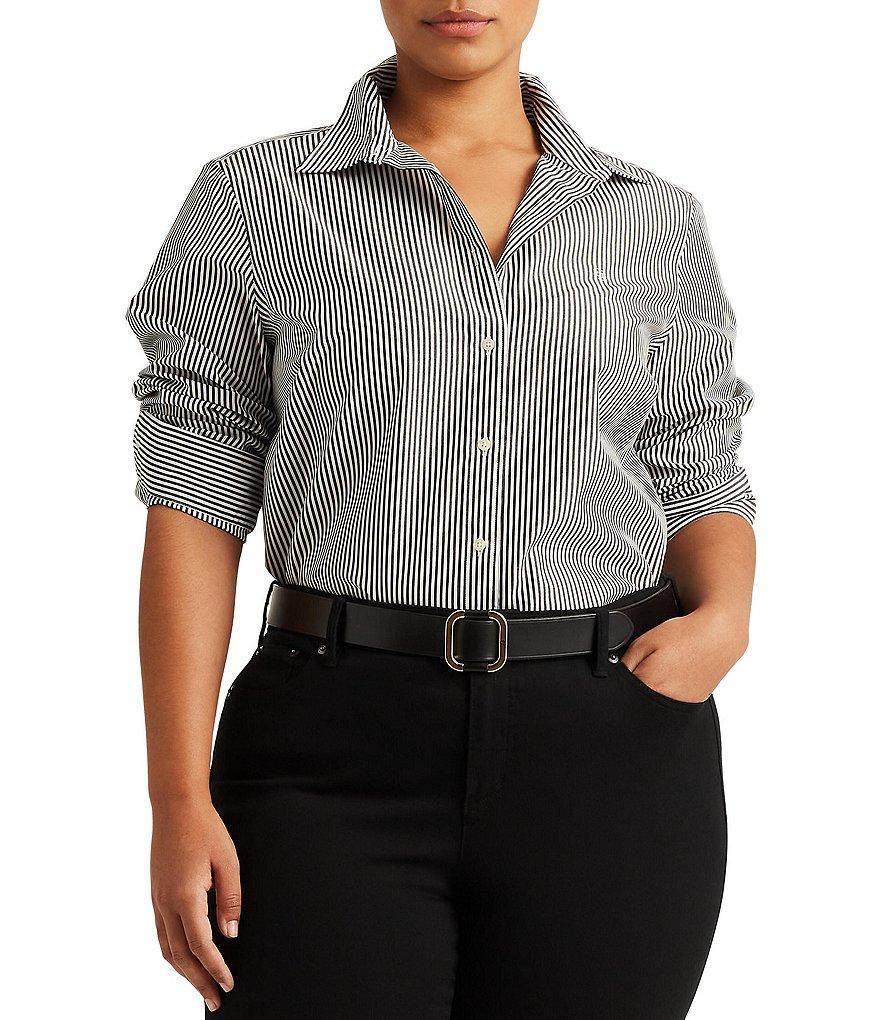 Lauren Ralph Lauren Plus Size Easy Care Striped Print Point Collar Shirttail Hem Long Sleeve Shirt Product Image