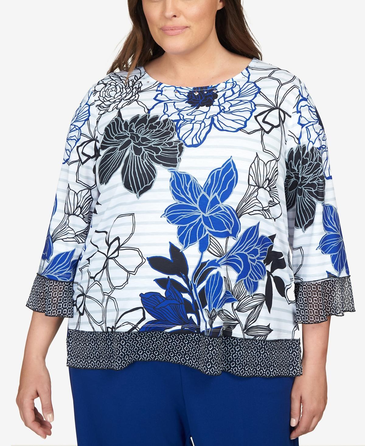 Alfred Dunner Plus Size Downtown Vibe Geo Trim Floral Stripe Top Product Image