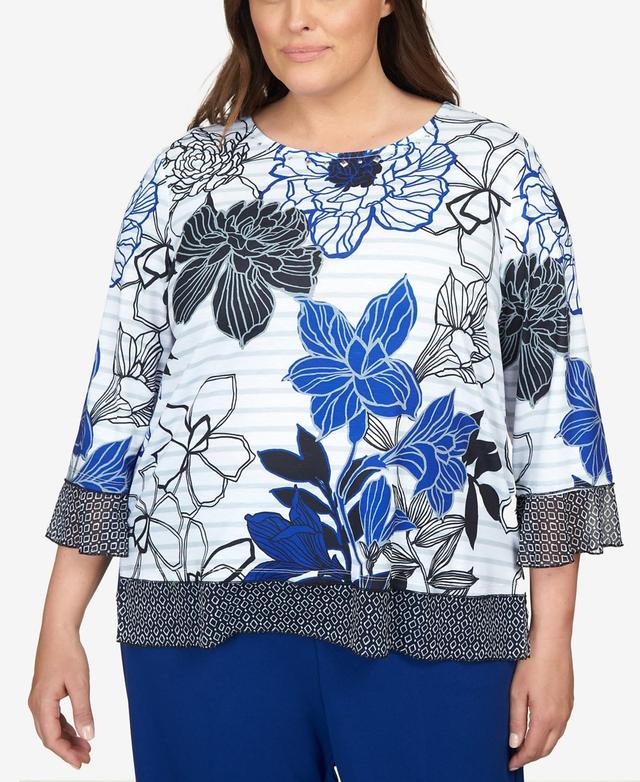 Alfred Dunner Plus Size Downtown Vibe Geo Trim Floral Stripe Top Product Image