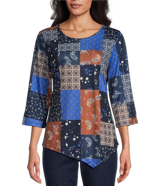 Allison Daley Petite Size Paisley Patchwork Print 3/4 Sleeve Crew Neck Asymmetric Hem Knit Top Product Image