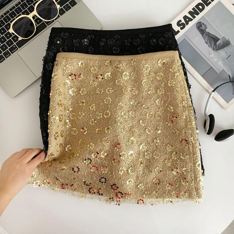 High Waist Sequined A-Line Mini Skirt Product Image