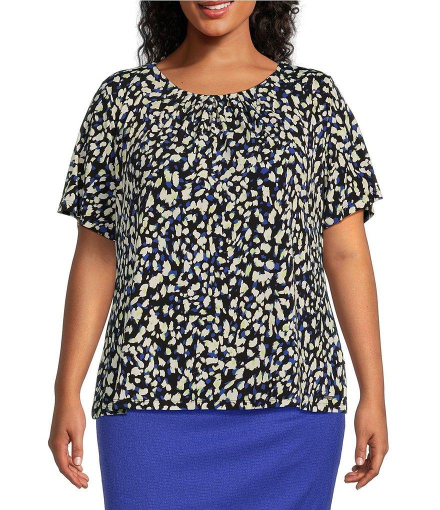 Calvin Klein Plus Size Printed Stretch Knit Pleated Crew Neck Sleeveless Top Product Image