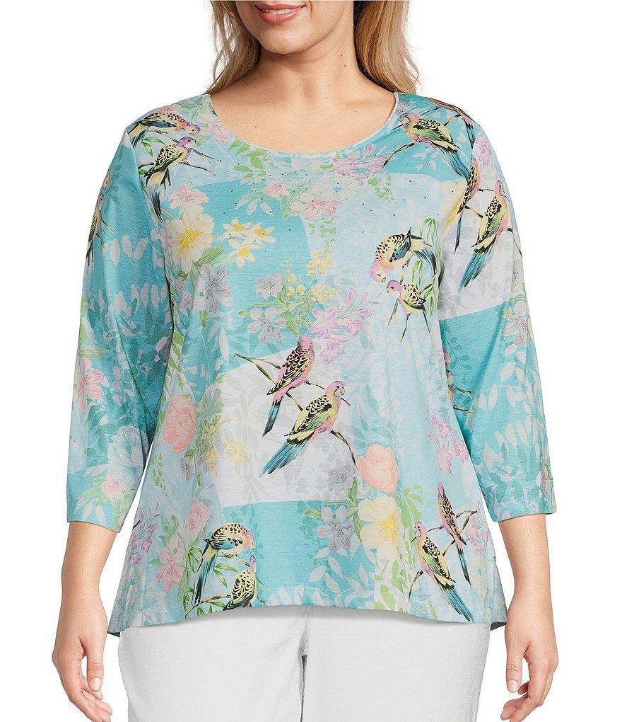 Allison Daley Plus Size Parrot Floral Patches Print 3/4 Sleeve Scoop Neck Knit Top Product Image