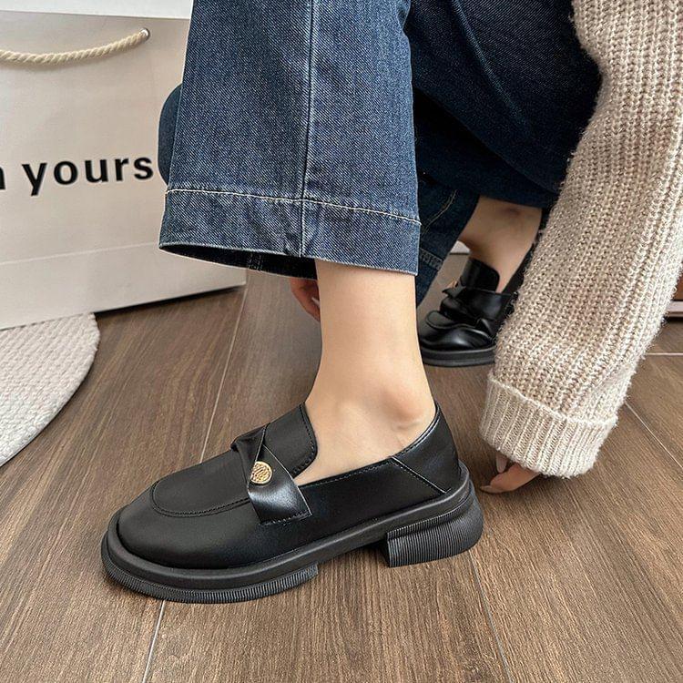 Platform Plain Metal Accent Faux Leather Loafers Product Image