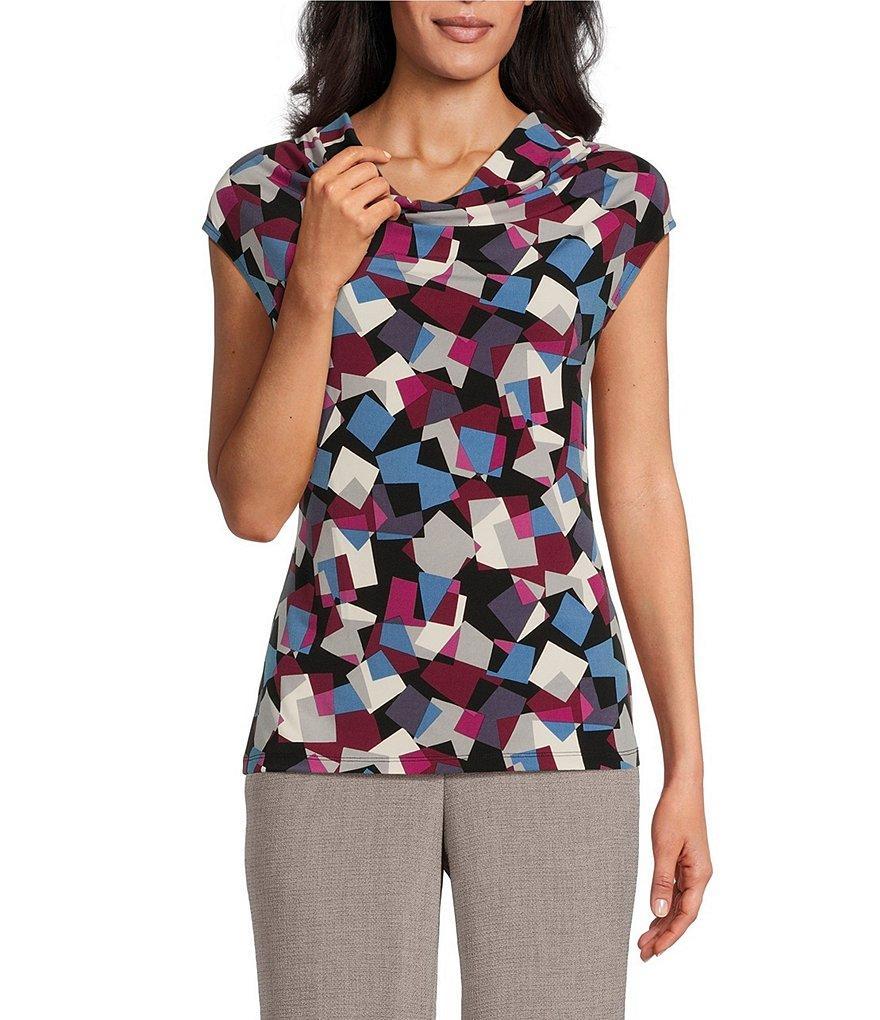 Kasper Geometric Print Cowl Neck Cap Sleeve Fitted Knit Top Product Image