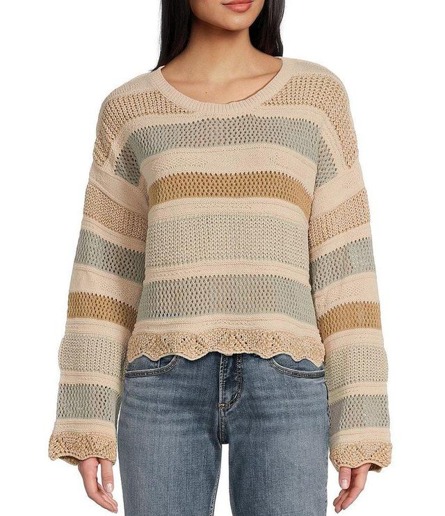 Originality Long Sleeve Stripe Crochet Scallop Edge Sweater Product Image