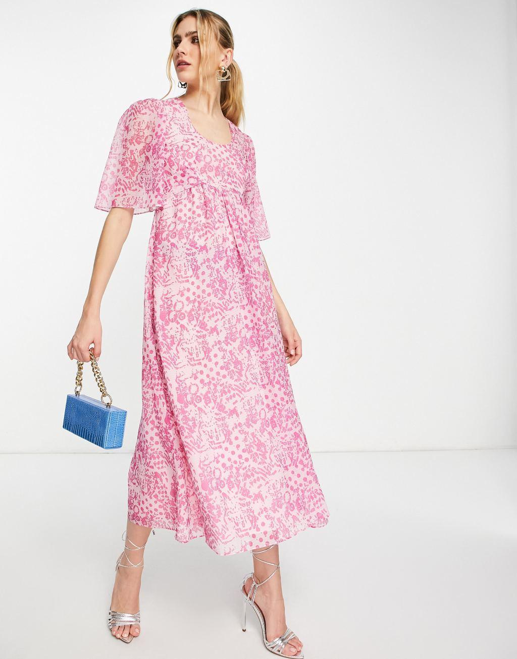 Whistles midi dress with back detail in abstract batik print - PINK product image