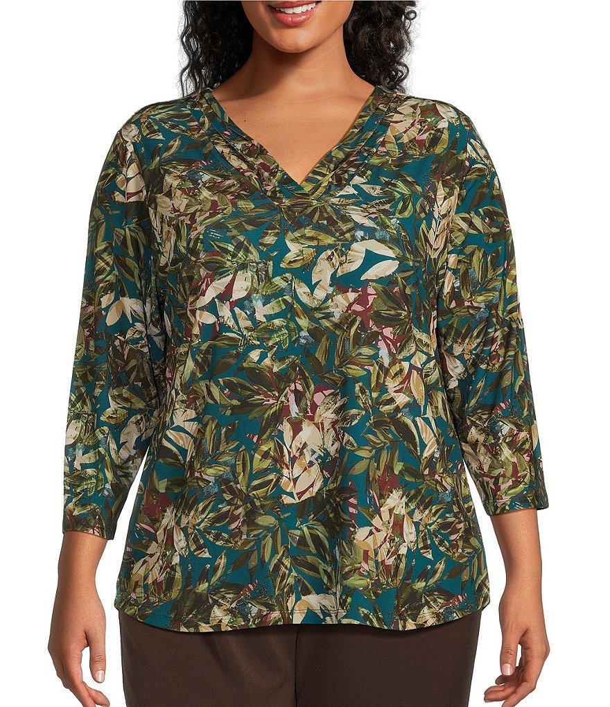 Allison Daley Plus Size Layered Leaves Print Pleated 3/4 Sleeve V-Neck Knit Top Product Image