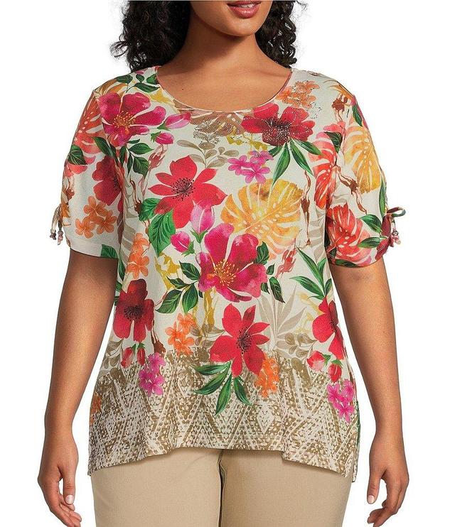 Allison Daley Plus Size Tropical Floral Border Print Short Tie Ruched Sleeve Crew Neck Gauze Knit Top Product Image