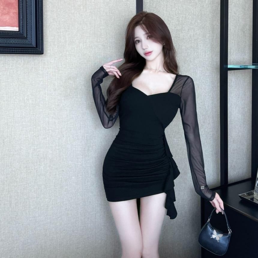 Long Sleeve Square Neck Plain Ruched Panel Mesh Mini Sheath Dress Product Image