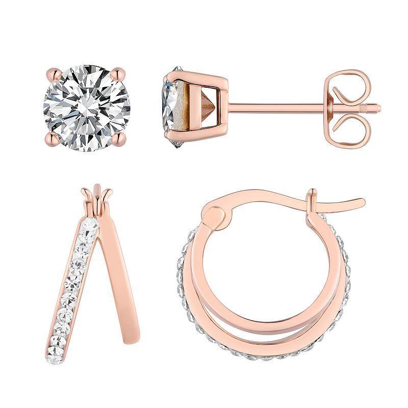 Chrystina Crystal 2 Pair Stud & Split Hoop Earring Set, Womens, Rose Gold Tone Product Image