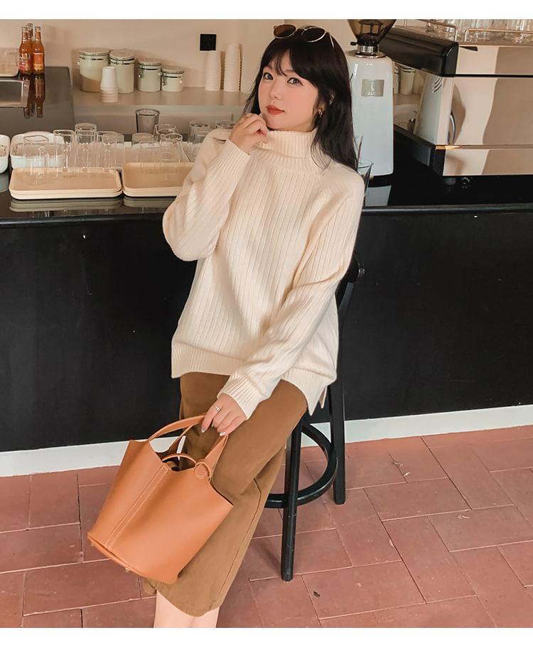 Turtleneck Plain Slit Ribbed Sweater Product Image