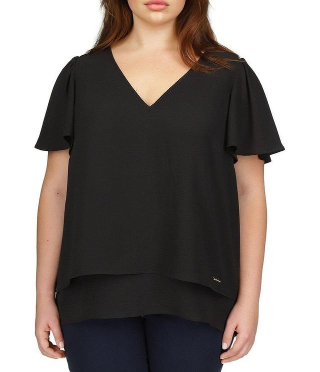 Michael Kors Plus Size V-Neck Short Flutter Sleeve Tee Shirt Product Image