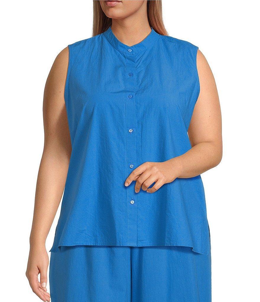 Eileen Fisher Plus Size Washed Organic Cotton Poplin Mandarin Collar Sleeveless Button-Front Shirt Product Image