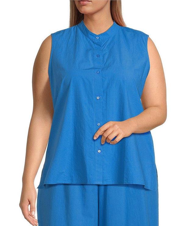 Eileen Fisher Plus Size Washed Organic Cotton Poplin Mandarin Collar Sleeveless Button-Front Shirt Product Image