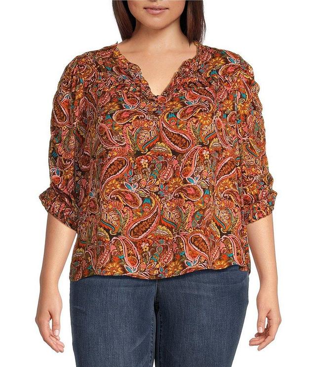 Democracy Plus Size Paisley Print Split Ruffle V-Neck 3/4 Ruched Sleeve Woven Top Product Image