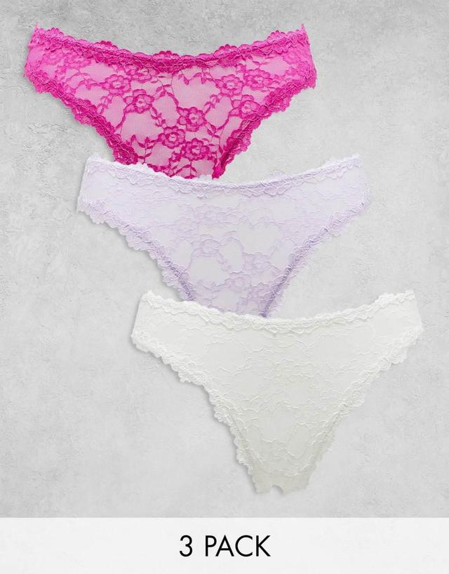 Cotton On stretch lace thong 3 pack in lilac pink cream  Product Image