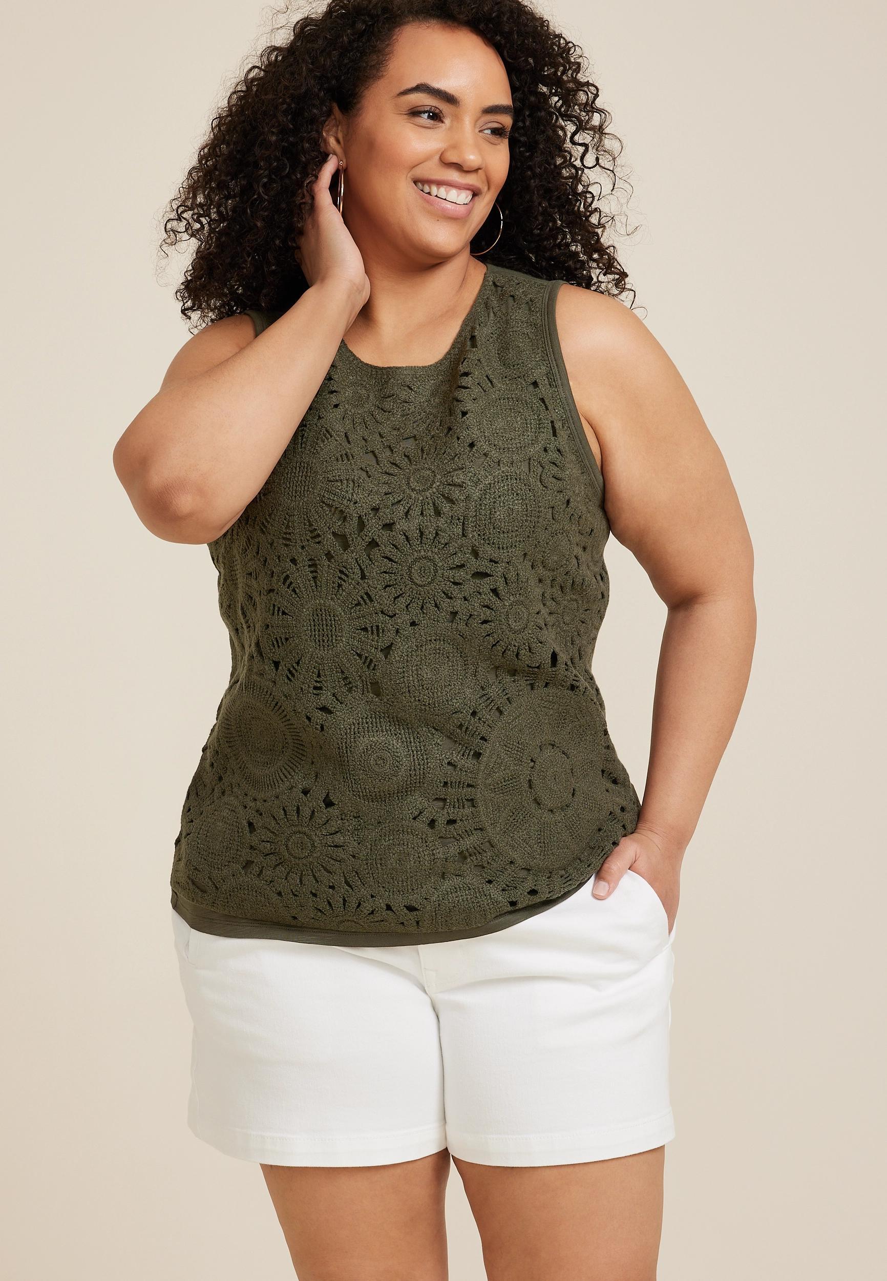 Maurices 0X Plus Size Womens Crochet Front Tank Top Beige Product Image