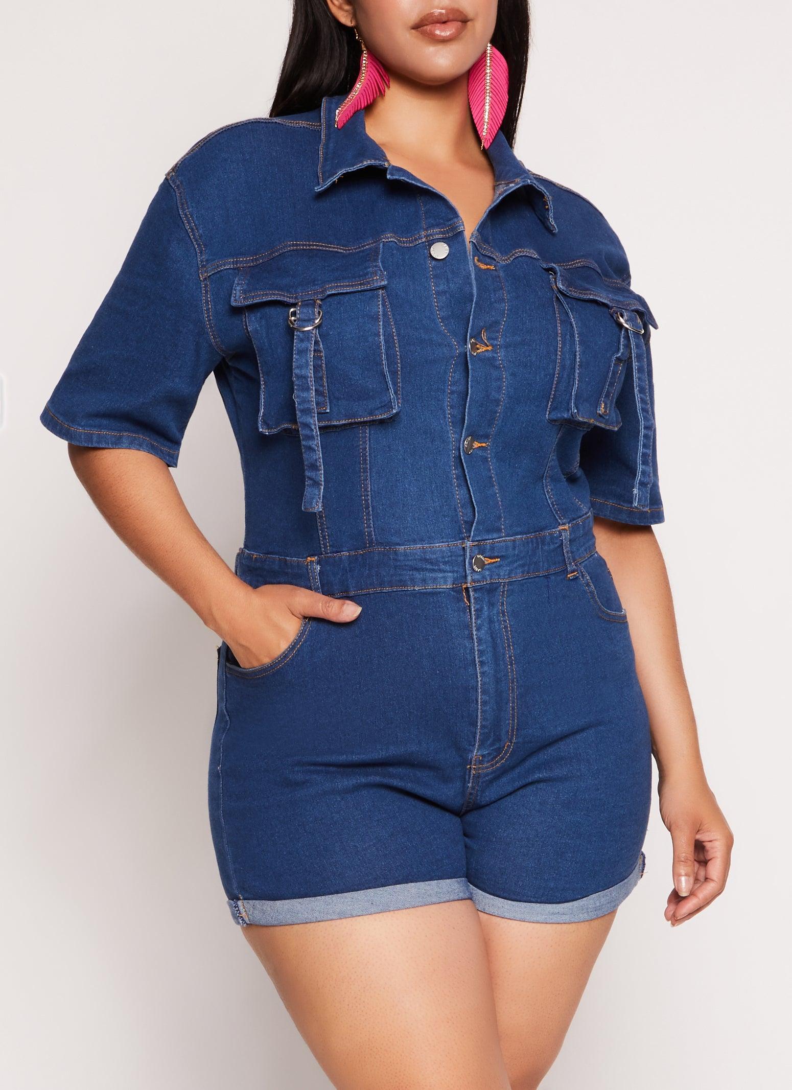 Womens Plus Size Daisy Denim Utility Romper Product Image