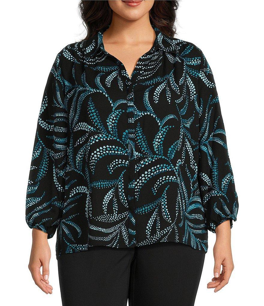 Investments Plus Size Woven Point Collar 3/4 Sleeve Palm Print Button Front Top Product Image