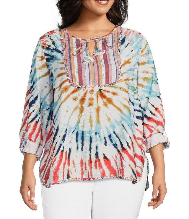 John Mark Plus Size Tie Dye Print Woven Embroidered Tie Neck 3/4 Roll-Tab Sleeve Tunic Product Image