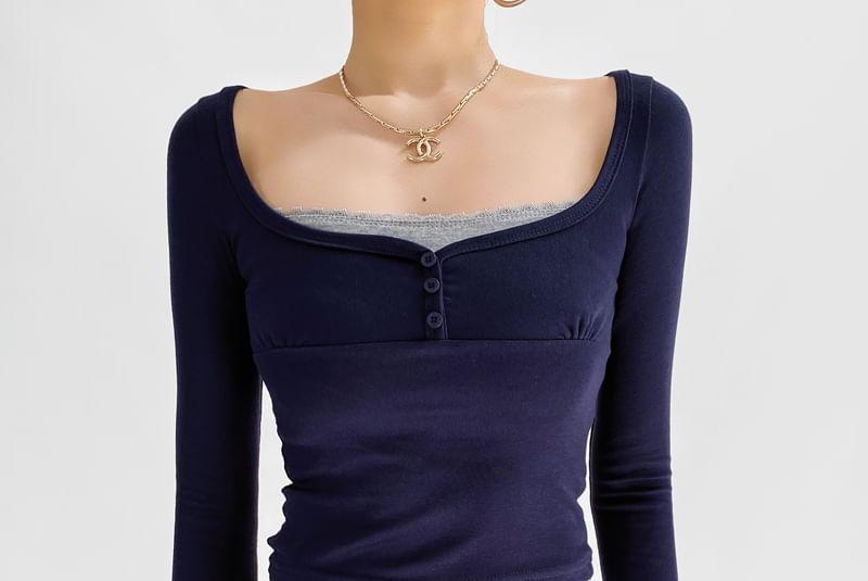 Long Sleeve Square Neck Plain Button Up Ribbed Crop Top Product Image