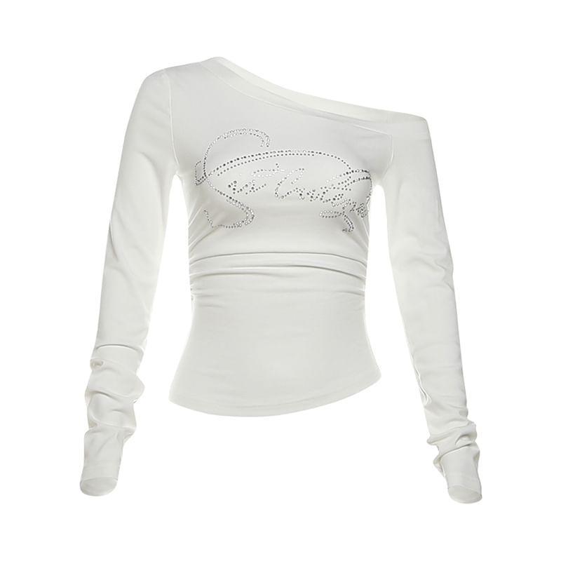 Long-Sleeve One-Shoulder Lettering Rhinestone Cropped T-Shirt Product Image