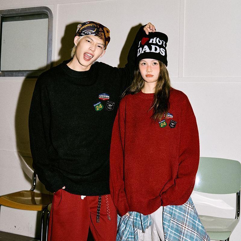 Couple Matching Round Neck Drop Shoulder Embroidered Oversized Sweater Product Image