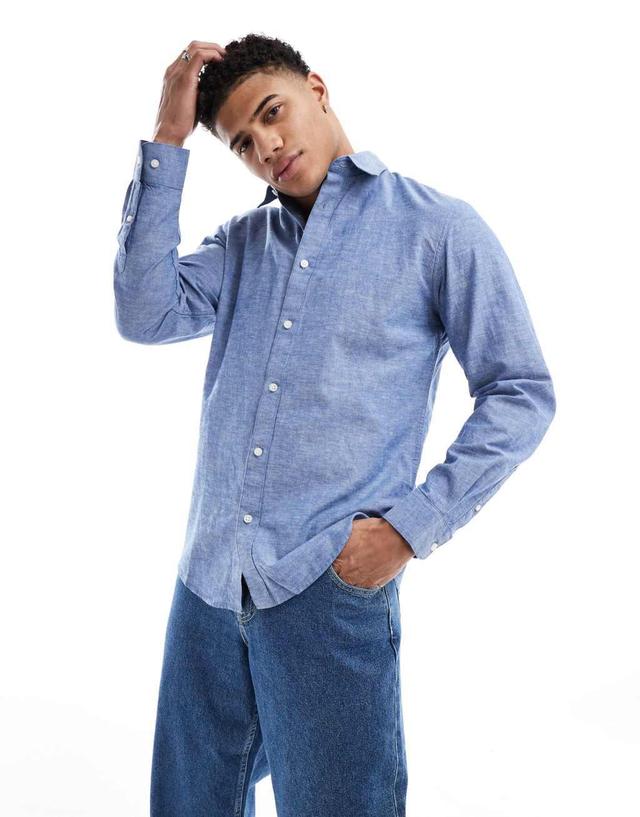 Selected Homme long sleeve linen mix shirt in blue Product Image