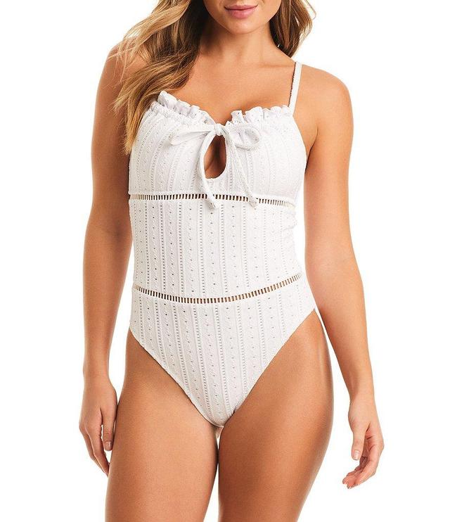 Jessica Simpson Stripe Crochet Ruffle Keyhole Tie Neck One Piece Swimsuit Product Image