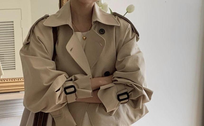 Collared Button-Up Plain Trench Coat Product Image