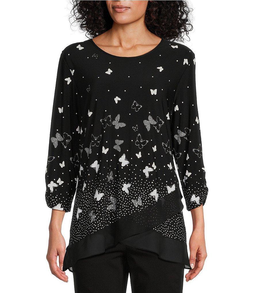 Allison Daley Butterfly Print 3/4 Ruched Sleeve Crew Neck Ruffle Hem Knit Top Product Image