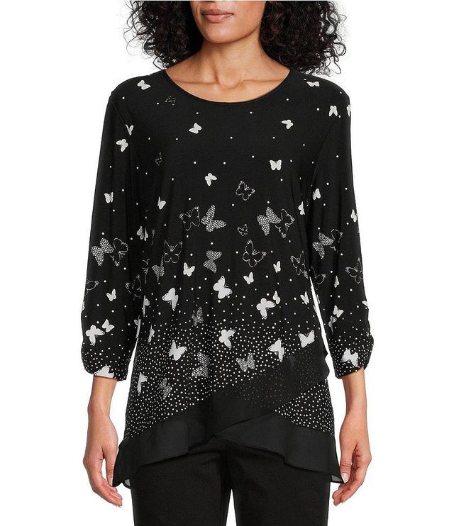 Allison Daley Butterfly Print 3/4 Ruched Sleeve Crew Neck Ruffle Hem Knit Top Product Image