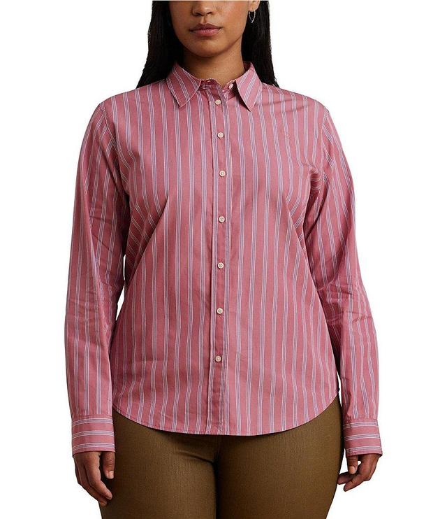 Lauren Ralph Lauren Plus Size Woven Striped Point Collar Long Sleeve Button-Front Shirt Product Image