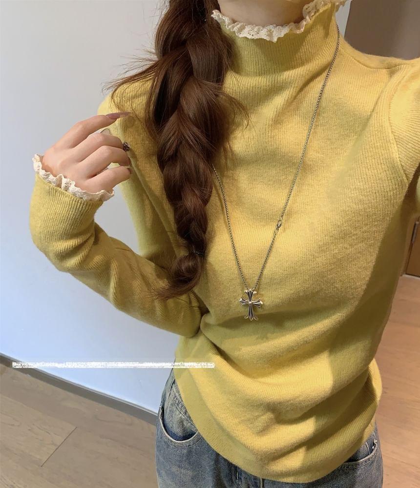 Long Sleeve Mock Neck Frill Knit Top Product Image