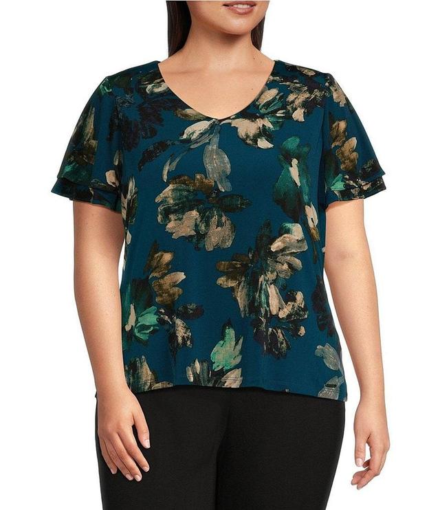 Calvin Klein Plus Size Printed Knit V-Neck Flutter Short Sleeve Top Product Image