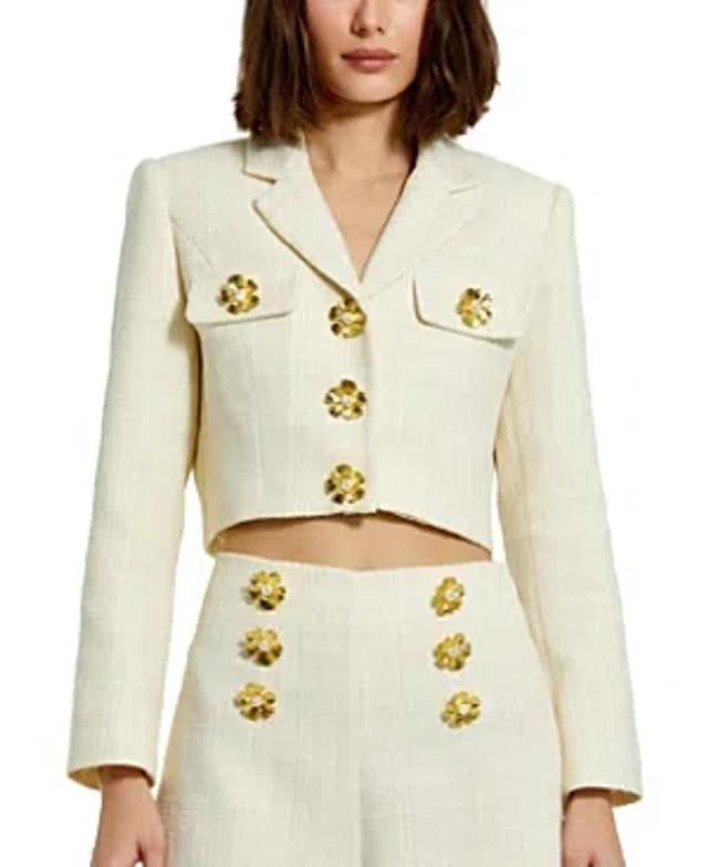 Cropped Tweed Floral Button Jacket In Cream Product Image