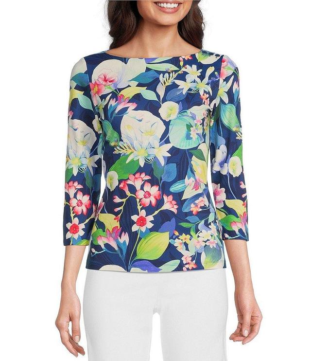 J.McLaughlin Catalina Cloth Knit Wavesong Floral Print Boat Neck 3/4 Sleeve Top Product Image