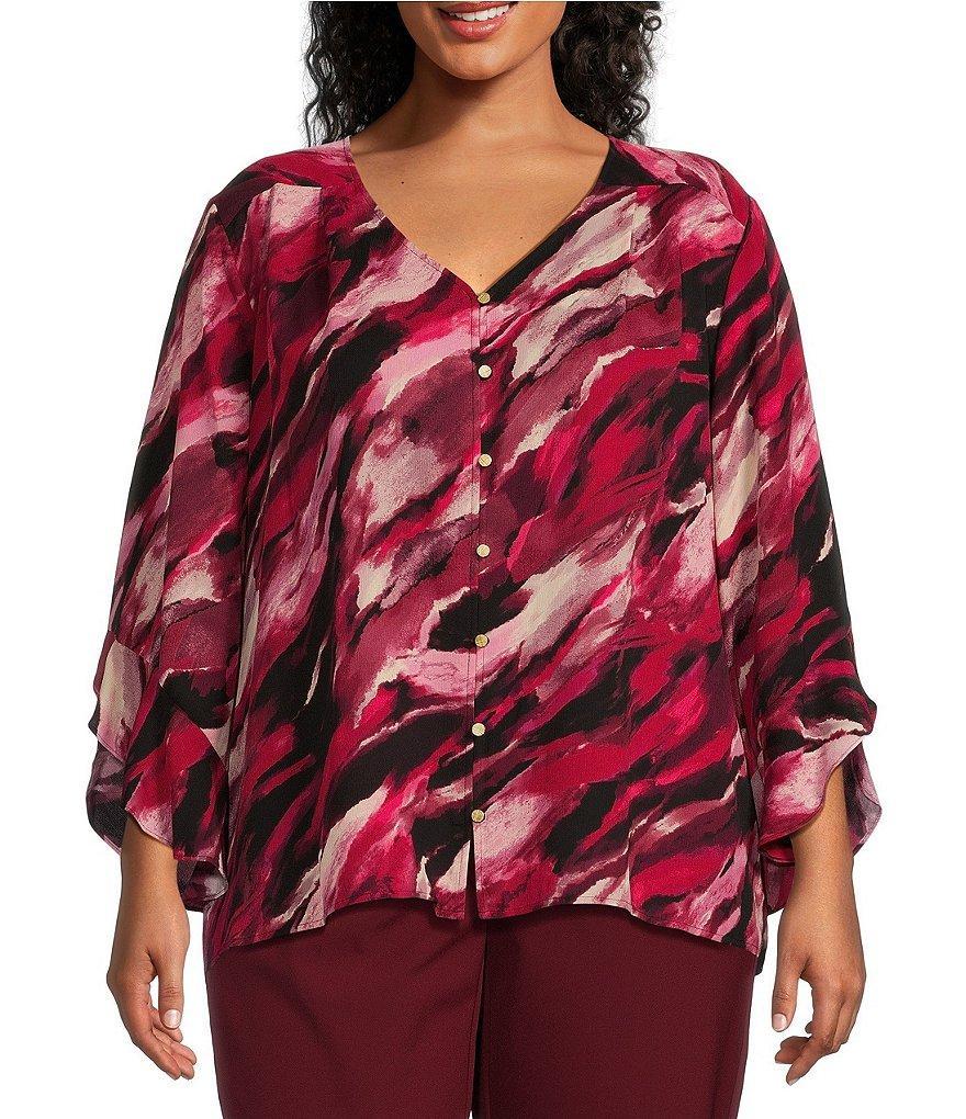 Investments Plus Size Marbled Beet Print Woven Faux Button Front V-Neck 3/4 Flare Ruffle Sleeve Top Product Image