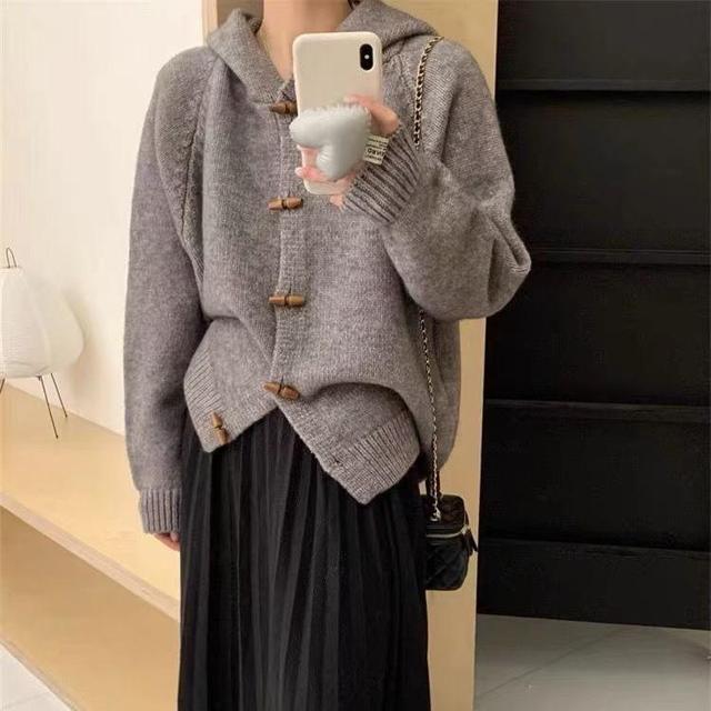 Hooded Plain Toggle Button Cardigan Product Image