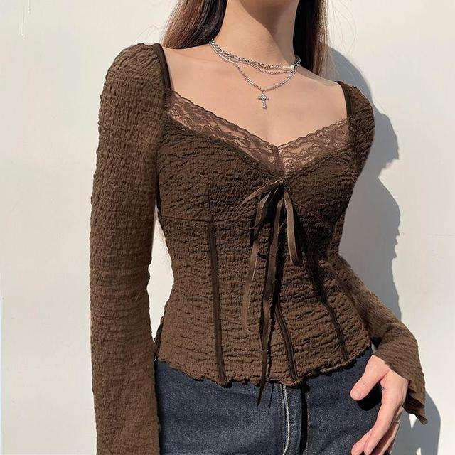 Long Sleeve V-Neck Plain Bow Panel Lace Top Product Image