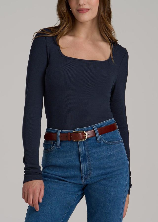 Long Sleeve Ribbed Squareneck Top for Tall Women in Evening Blue Female Product Image