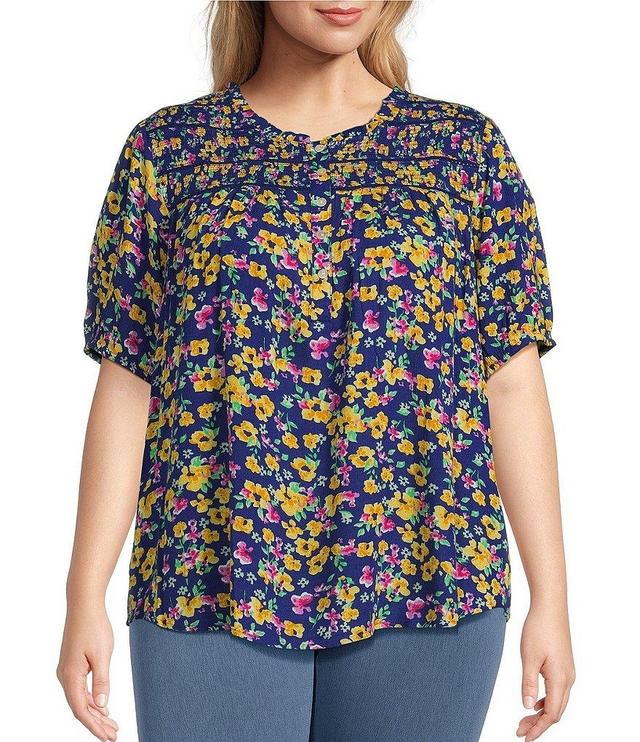 Intro Plus Size Floral Printed Scoop Neck Short Sleeve Smocked Yoke Lace Inset Half-Button Front Top Product Image