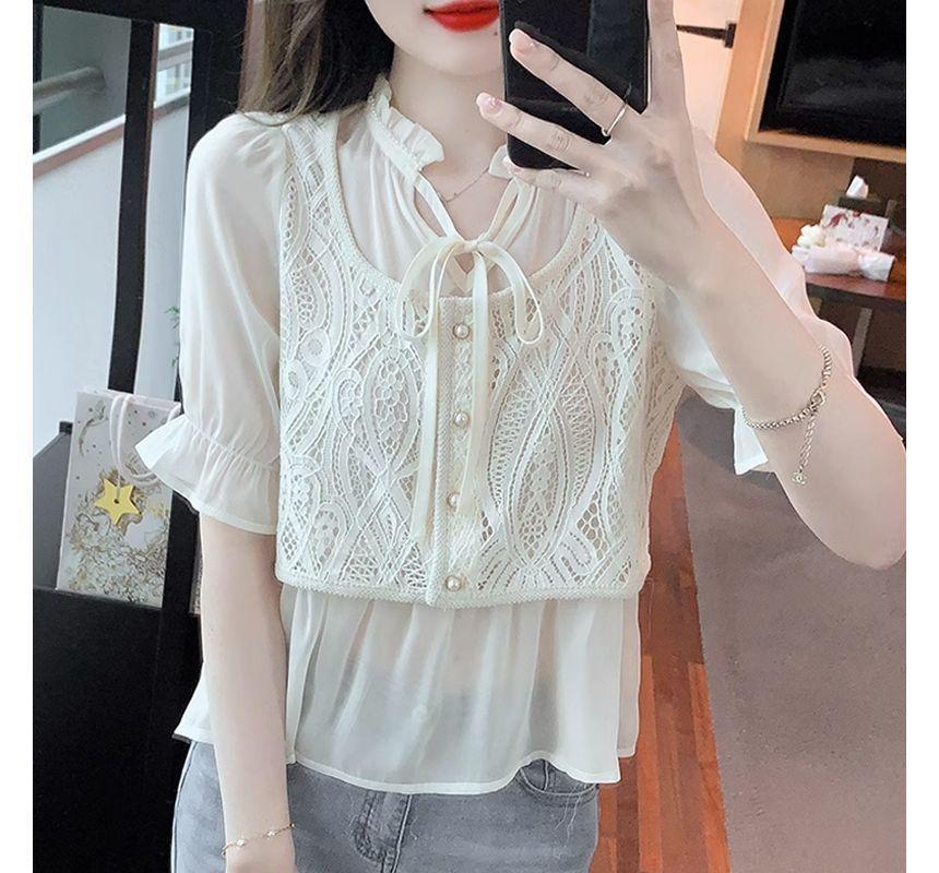 Puff-Sleeve Notch Neck Plain Lace Panel Mock Two-Piece Blouse Product Image