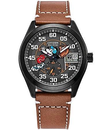 Men's Citizen Eco-DriveÂ® Mickey Mouse & Friends Baseball Brown Leather Strap Watch (Model: Bv1089-05W) Product Image