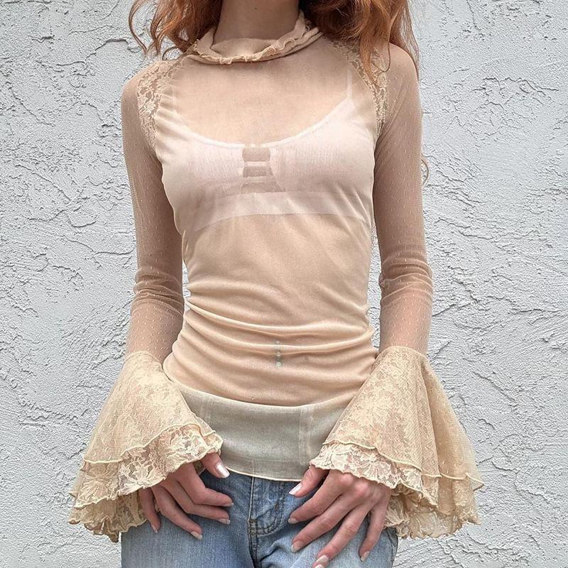 Long Sleeve Mock Neck Plain See Through Lace Trim Top Product Image