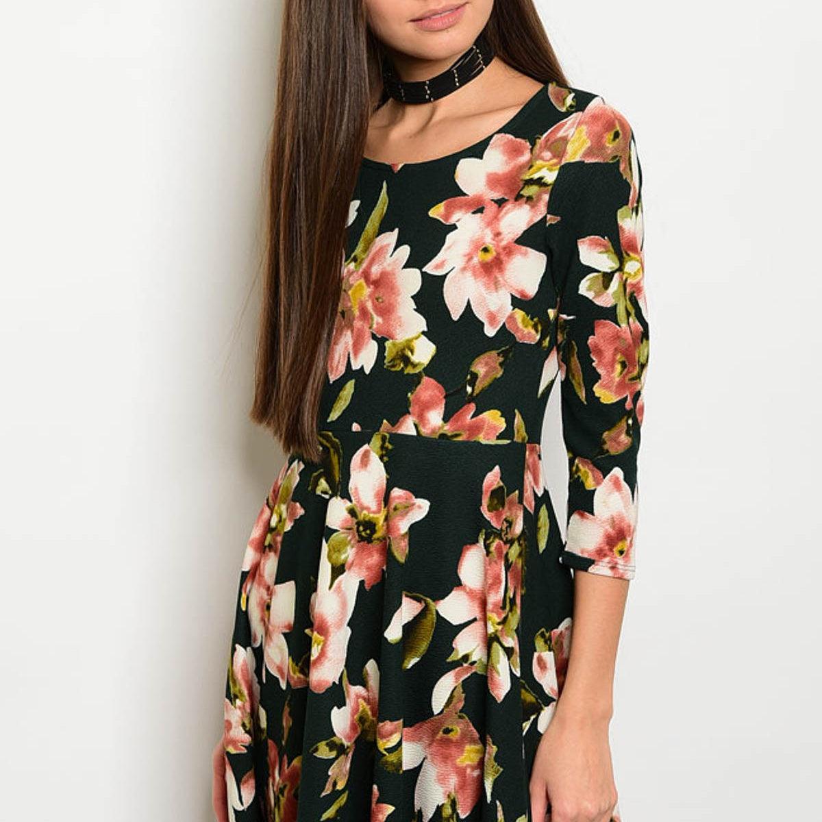 Dark Olive Floral Dress Product Image