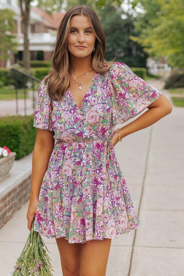 Purple Floral Print Surplice Mini Dress - FINAL SALE Product Image